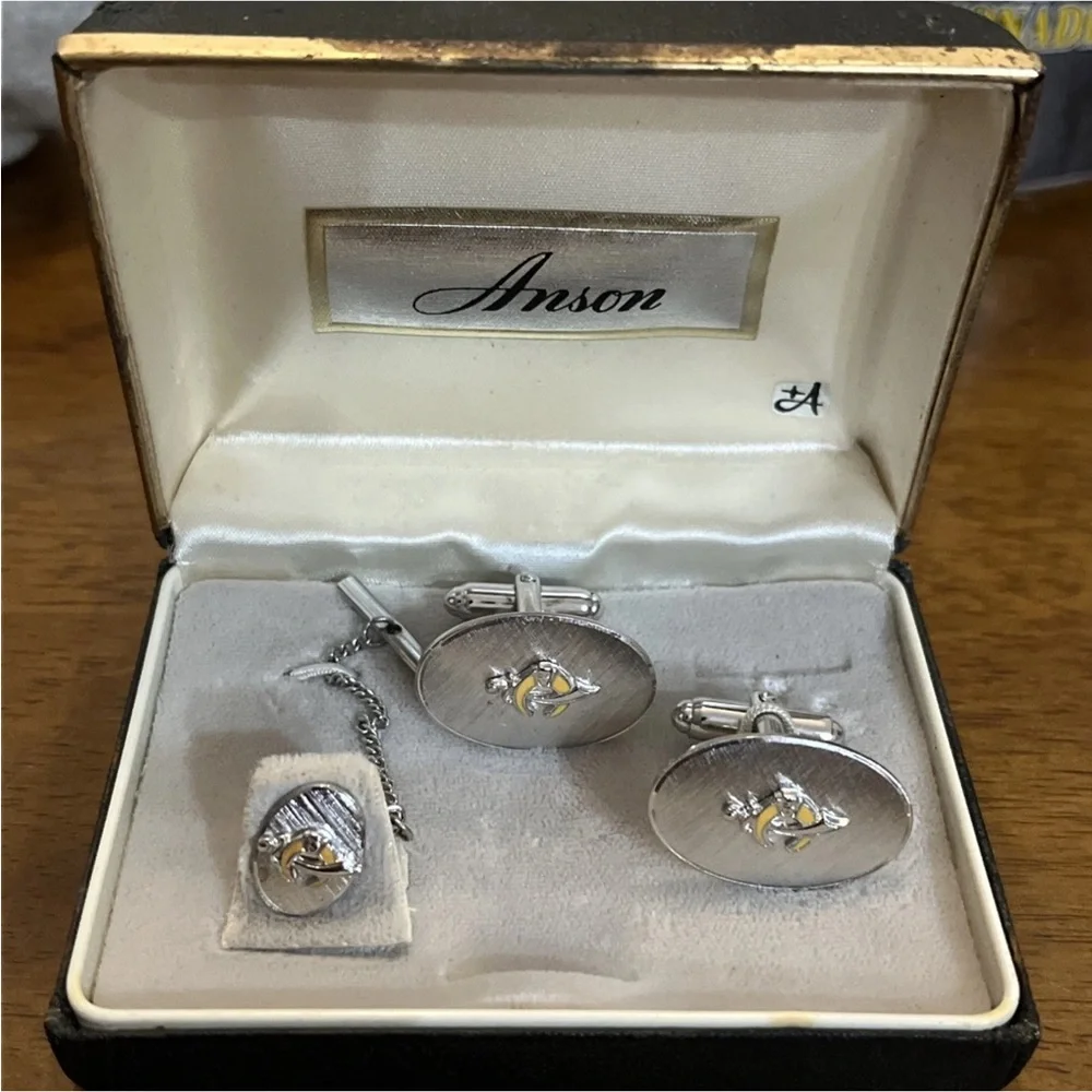 Vintage Anson Shriner's Masonic Cuff Links & Tie Tack Yellow Enamel Silver Tone